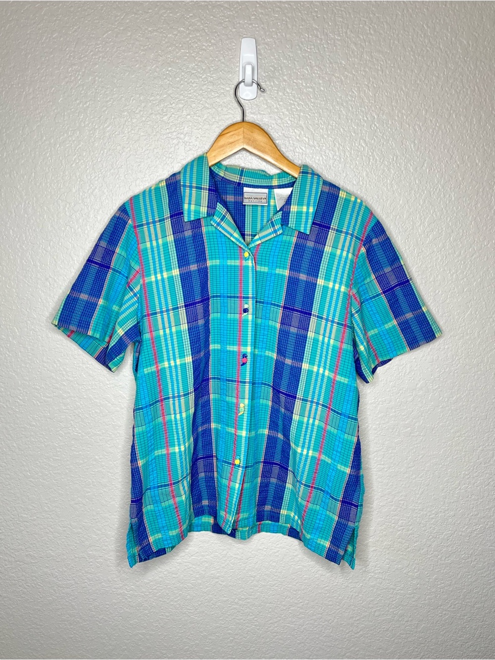 Vintage Napa Valley Petites Plaid Button Up‎ Shirt Womens Large Teal Cottagecore